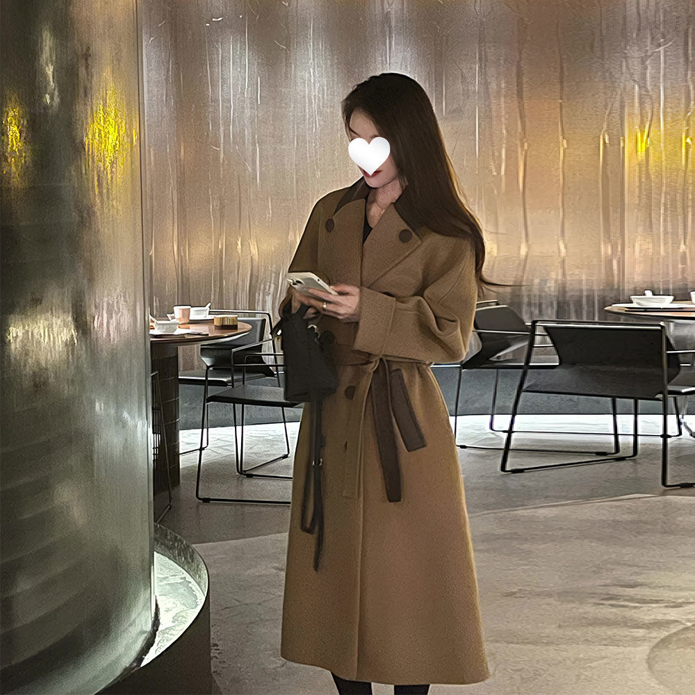 驼色拼接呢子大衣女法式