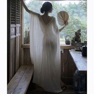 优雅浪漫礼服裙新中式禅意V领露背宽松披风式连衣裙晨袍家居服秋