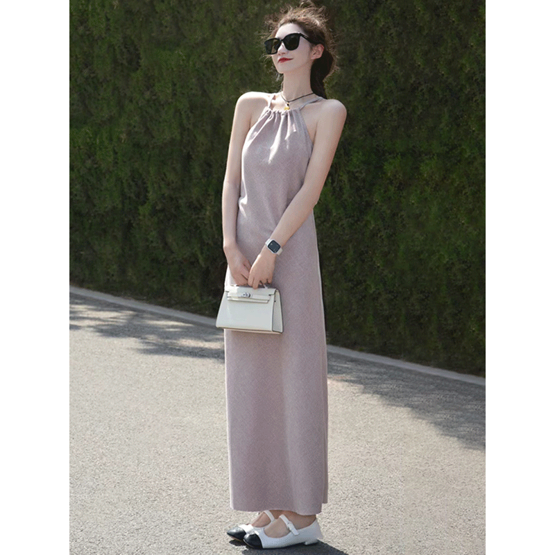 2024新款夏季搭配女装茶系穿搭一整套甜辣风露肩长裙设计感连衣裙