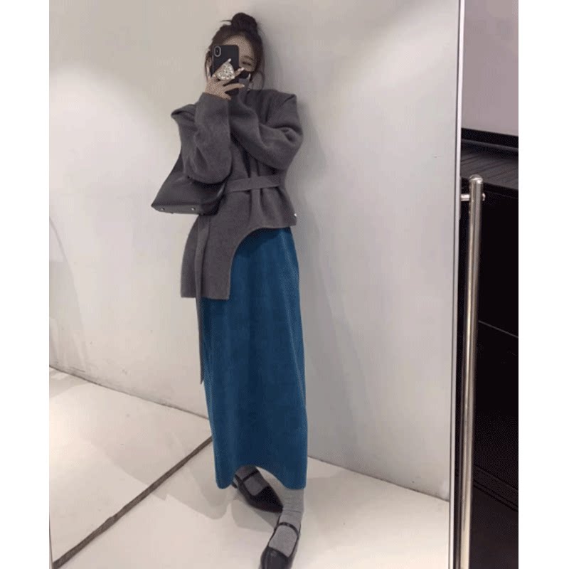 秋冬搭配一整套小个子显高套装韩剧穿搭灰色上衣半身裙两件套女