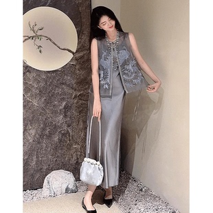 夏季新中式国风套装复古精致气质女神范高级感醋酸缎面马甲连衣裙