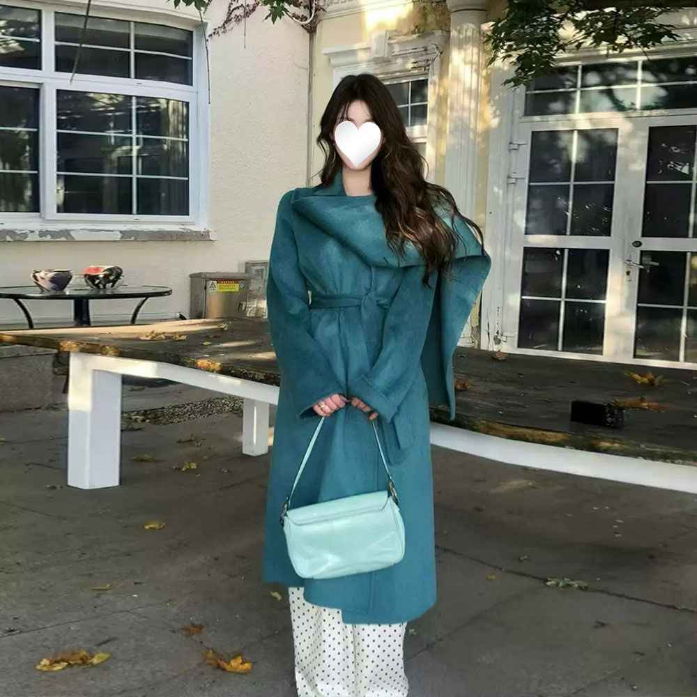 设计感时髦多穿围巾领双面毛呢大衣女收腰中长款西装外套