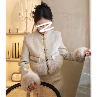 新中式冬装时尚套装裙毛呢外套半身裙韩剧主女穿搭富家千金两件套