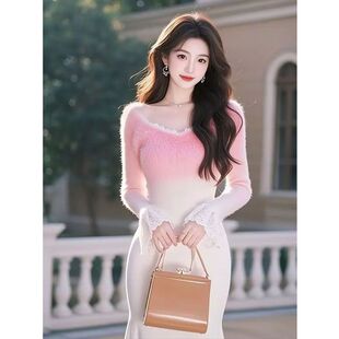 韩系氛围感穿搭高级感绝美奶呼呼粉色渐变加厚毛衣打底连衣裙女冬