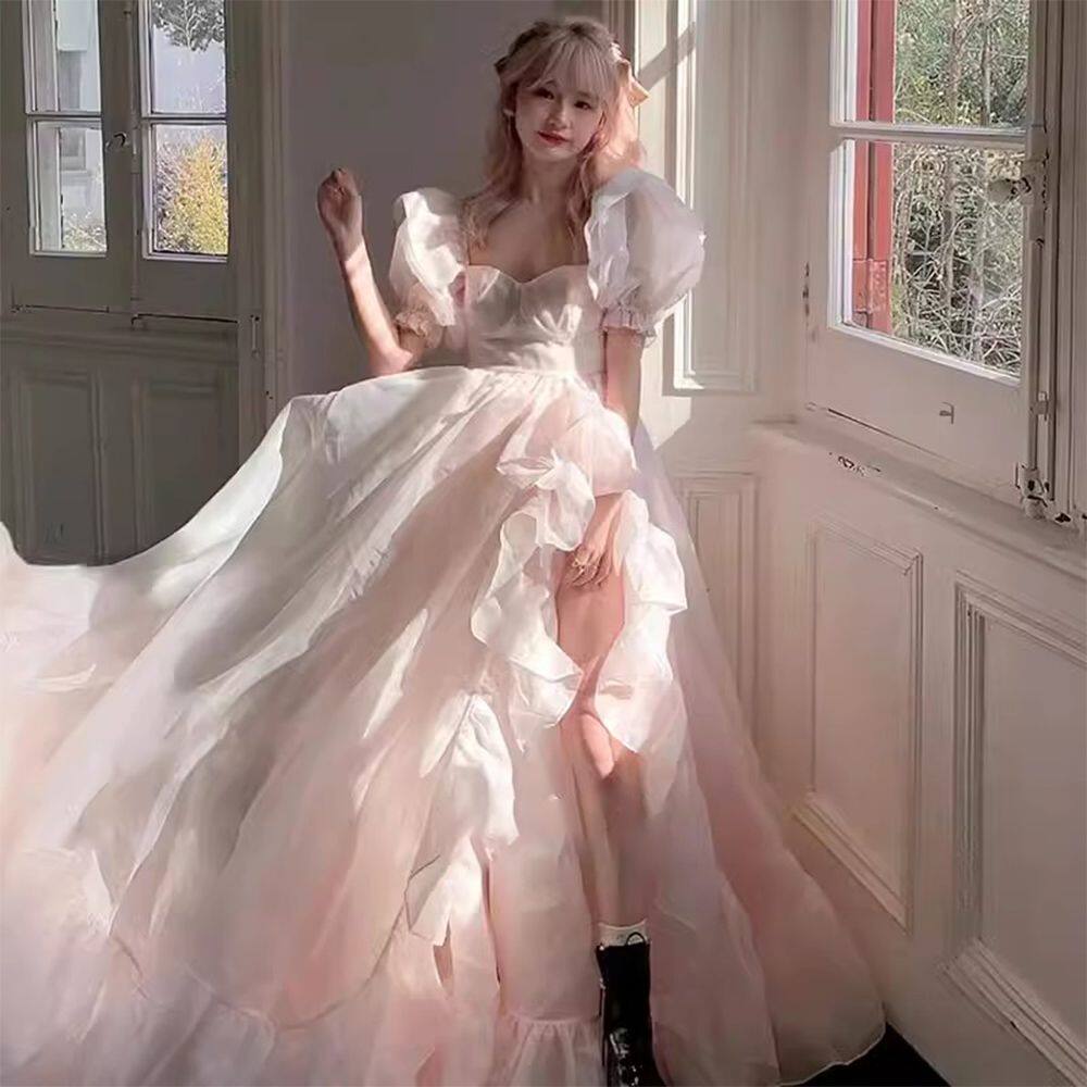 在逃公主粉色蓬蓬裙气质超仙高端影楼主题粉色一字肩连长裙礼服