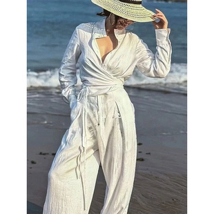 亚麻绑带上衣阔腿裤套装2025秋老钱风白色清纯气质两件套女神新款