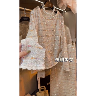 法式高级感条纹小香风亮片内搭针织毛衣连衣裙子两件套装女士春季