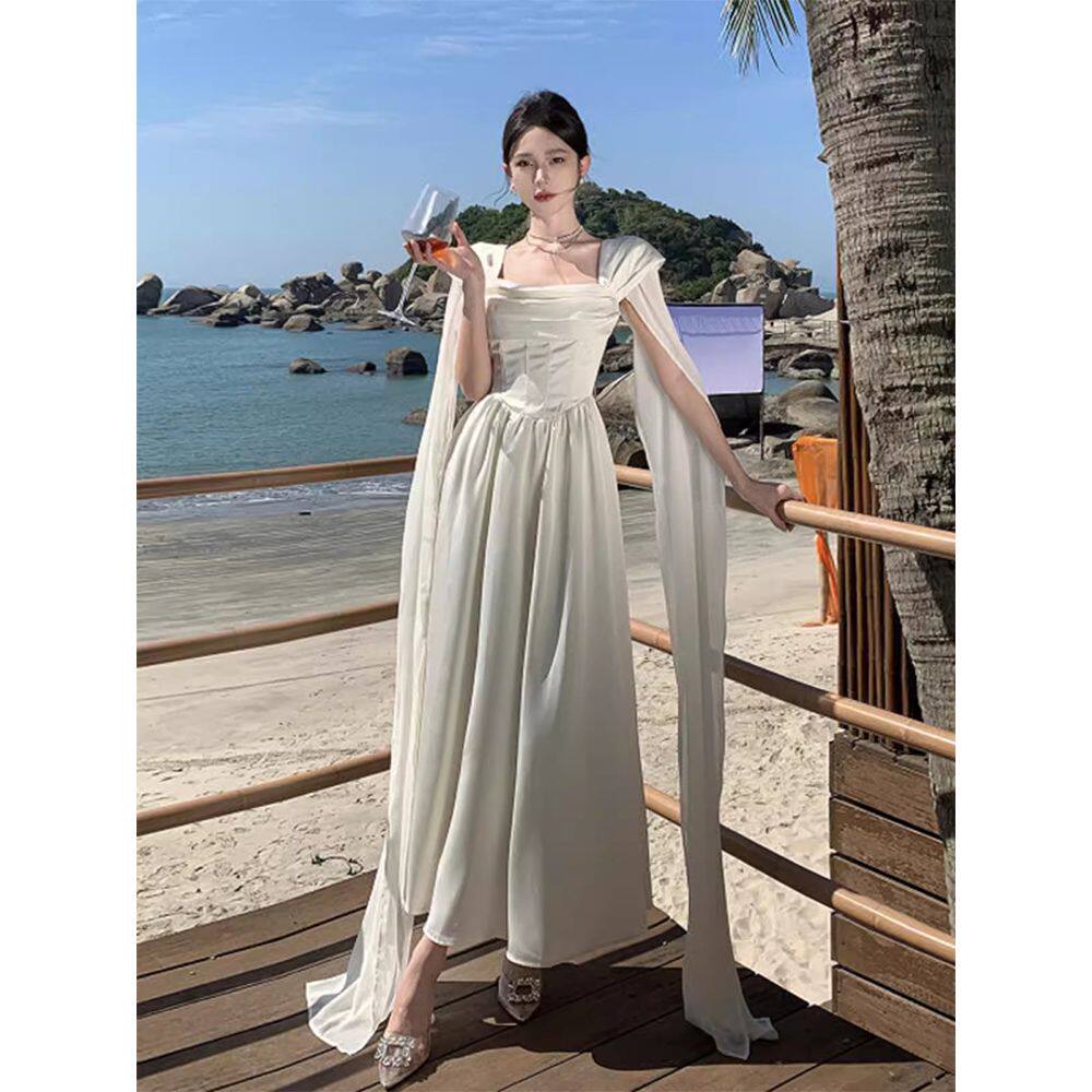 【当日发】白色缎面小众高级垂感抹胸绑带连衣裙生日party小礼裙