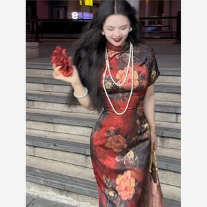 微胖mm气质新中式国风美艳旗袍连衣裙女夏季新款复古收腰显瘦裙子