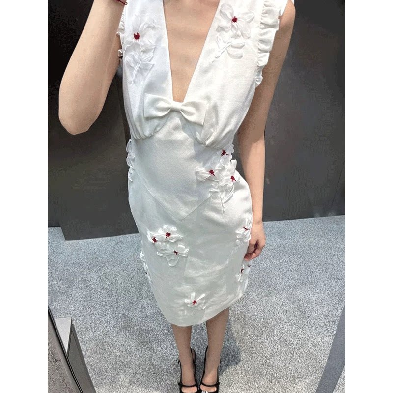 法式花边小飞袖白色V领无