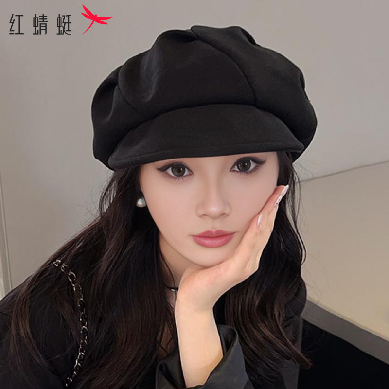 韩系时尚八角贝雷帽蓓蕾帽女新款秋冬白色显脸小黑色毛呢帽子帽檐