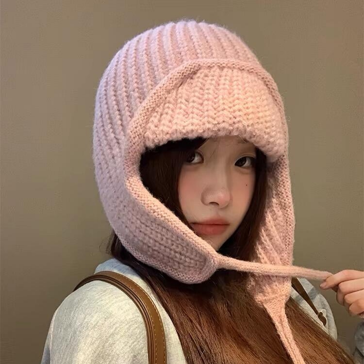 森蓝家粉色针织护耳飞行帽女冬季保暖百搭显脸小ins氛围感雷锋帽