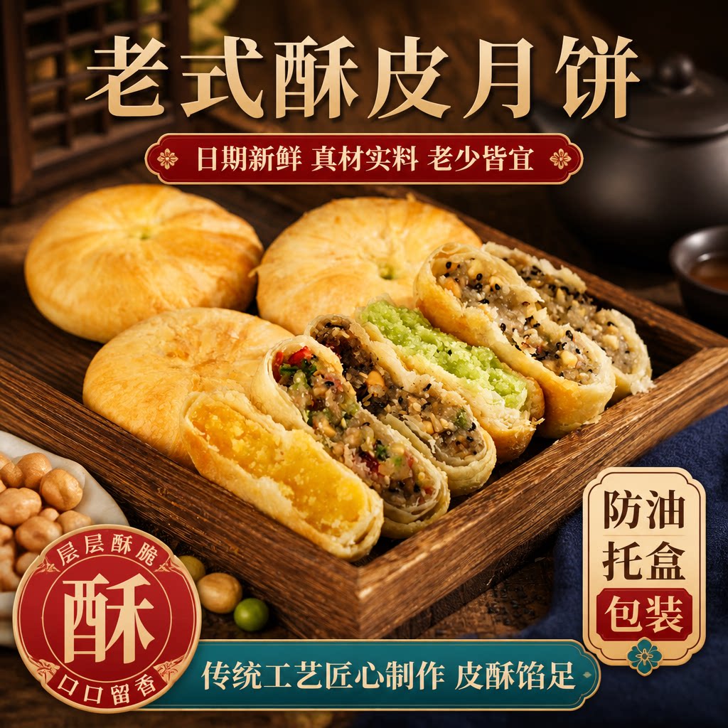 慧香娘苏式酥皮五仁月饼传统老式枣泥绿豆黑芝麻散装月饼中秋礼盒