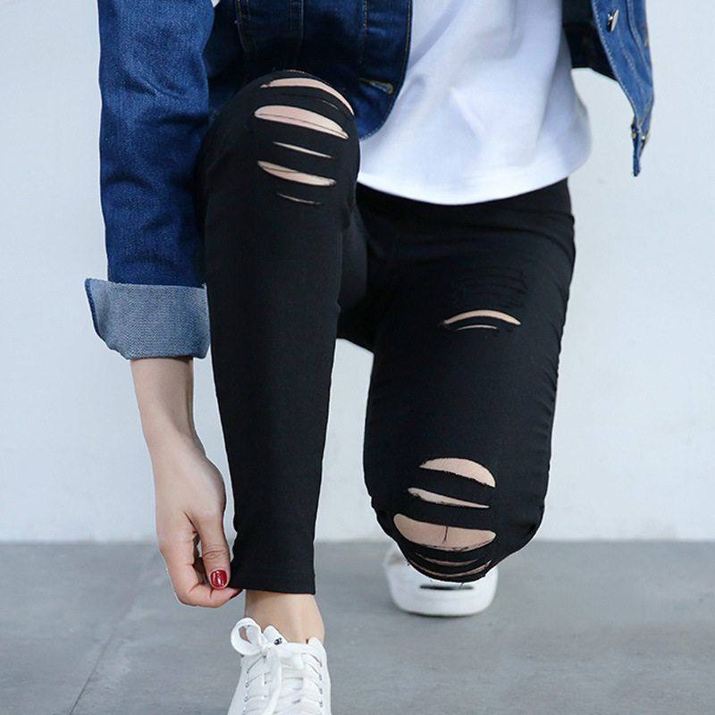 破洞铅笔裤女口袋小脚裤抖音弹力休闲裤子紧身显瘦打底裤外穿打底