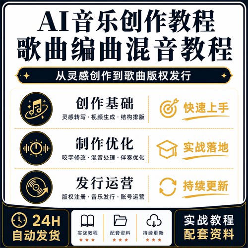 AI音乐创作教程Suno编曲混音歌词版权发行账号运营实操指南