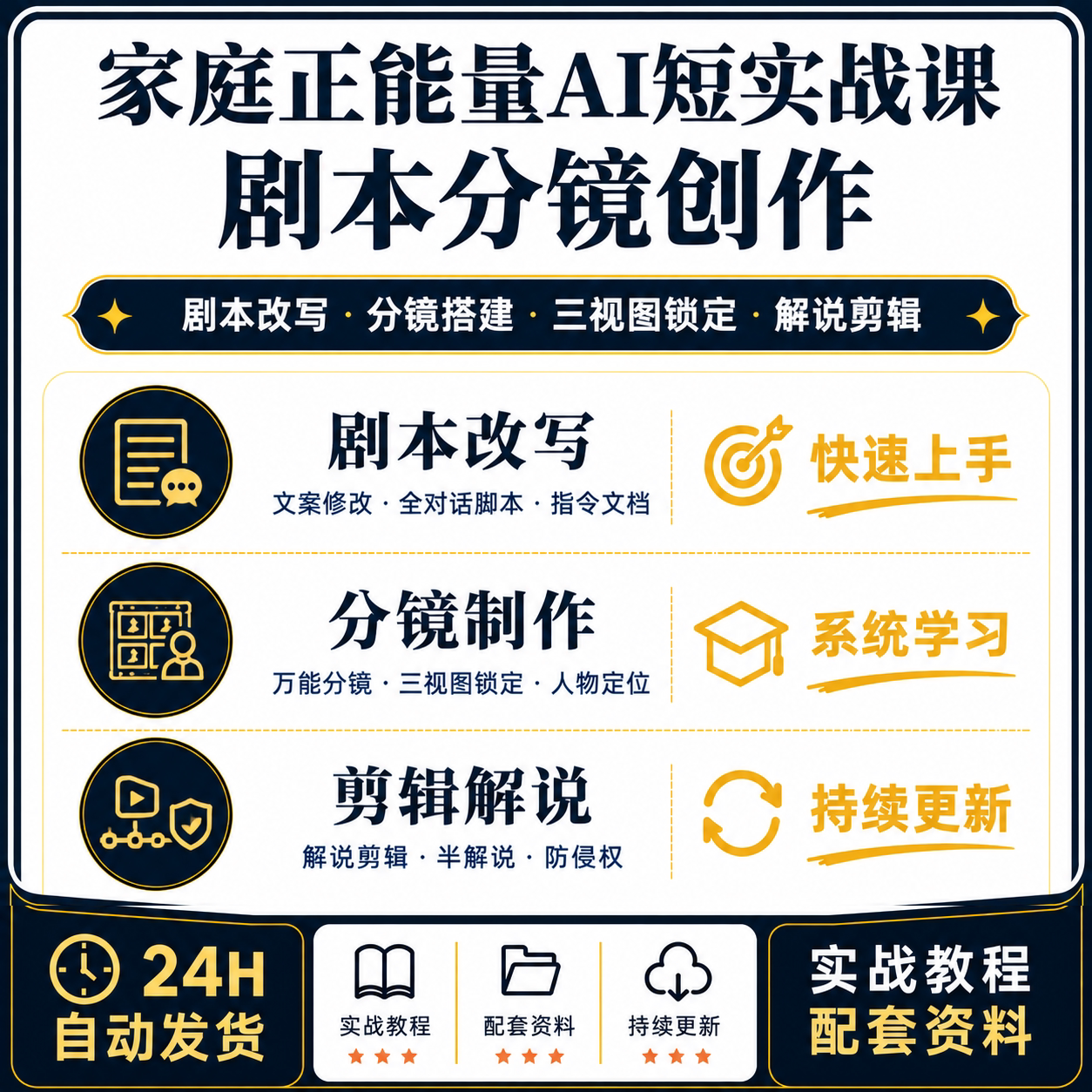 AI家庭正能量短剧创作课剧本改写分镜制作三视图人物管控解说剪辑