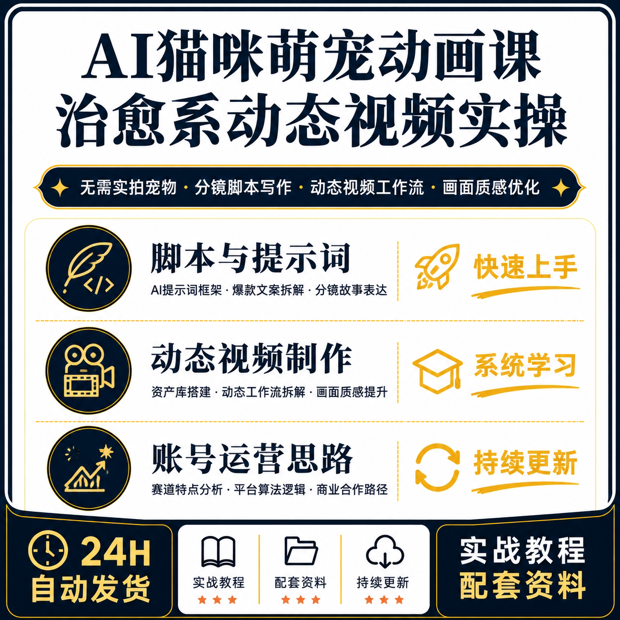 AI猫咪萌宠动画制作教程提示词分镜脚本动态视频工作流运营课