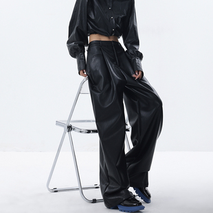 STUDIO原创早秋新款 裤 皮裤 复古高街褶皱设计感阔腿裤 子 女美式 KEN