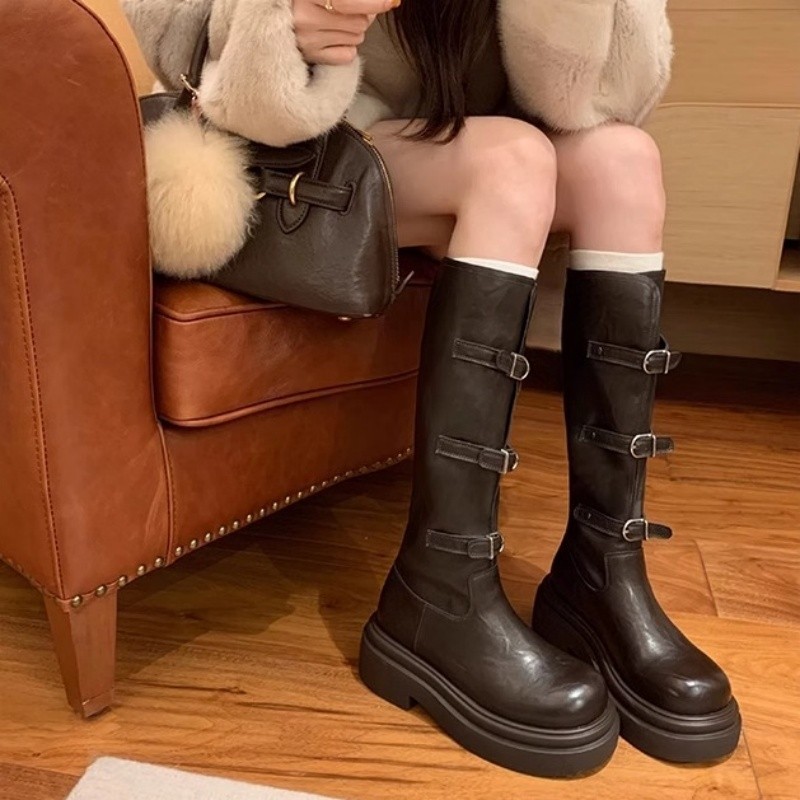 葡萄妈内增高cm长筒靴女小筒围松糕厚底靴子棕色皮带小个子骑士