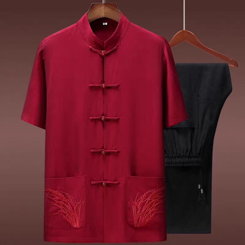 唐装夏天薄款短袖套装q中老年男装爷爷衣服婚礼祝寿宴会汉服爸爸