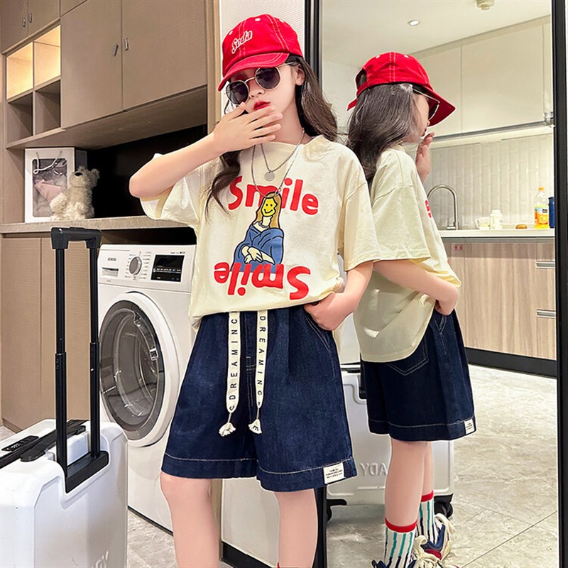 女童夏装套装2024新p款洋气儿童牛仔短裤夏季薄款女孩休闲五分裤