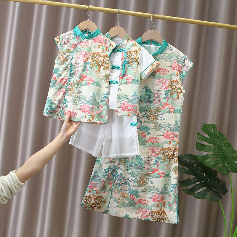 儿童六一演出服汉服唐装中国风短B袖套装新中式亲子装宝宝周岁礼