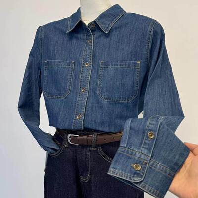 深蓝色覆古软牛仔衬衫女