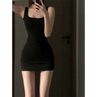 021ope 姐系小黑裙收腰显瘦吊带裙包臀裙纯欲辣妹方领紧身洋装