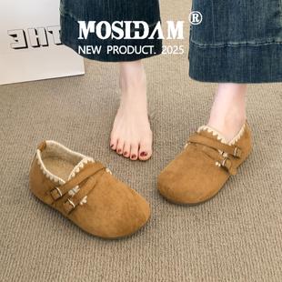 俏大东断码真皮内增高勃肯鞋女2025新款冬季加绒保暖一脚蹬豆豆鞋