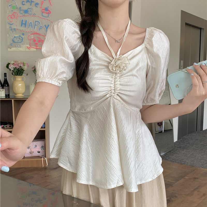 高級感泡泡袖掛脖襯衫女