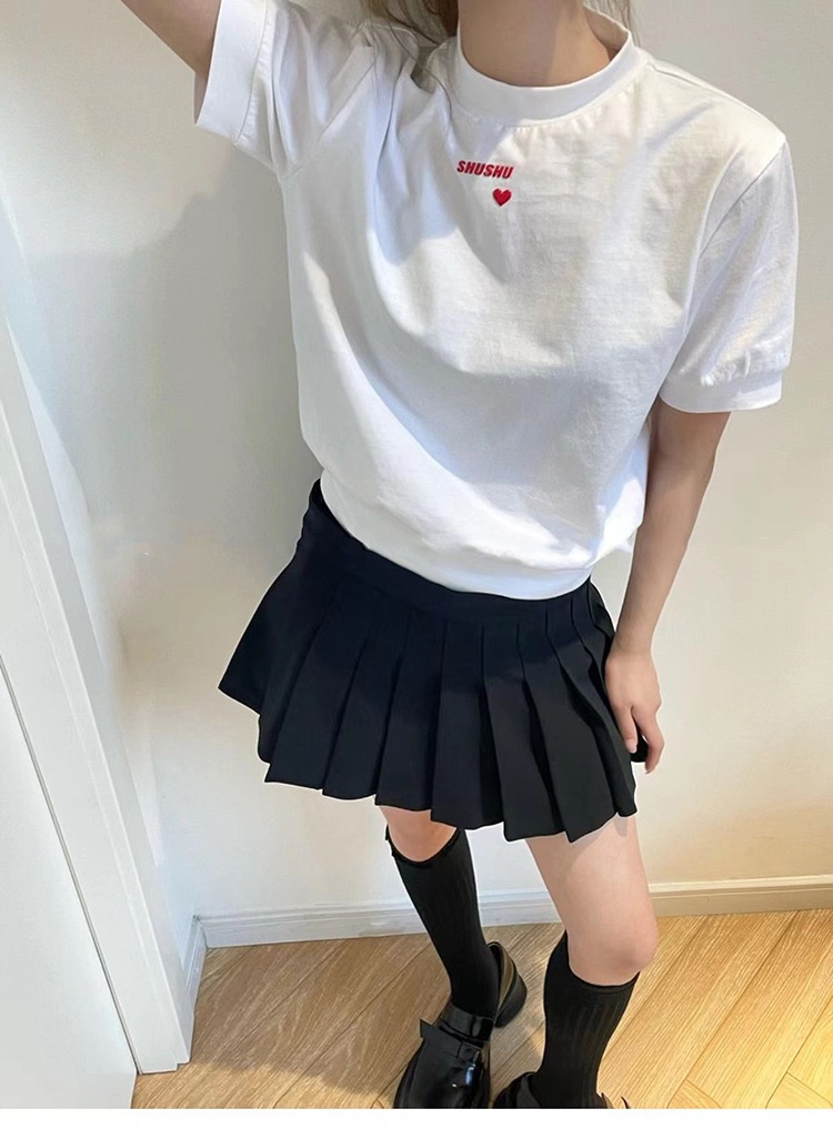 sst春秋新款小高领shushu泡泡袖白色短袖上衣复古tong字母爱心T恤