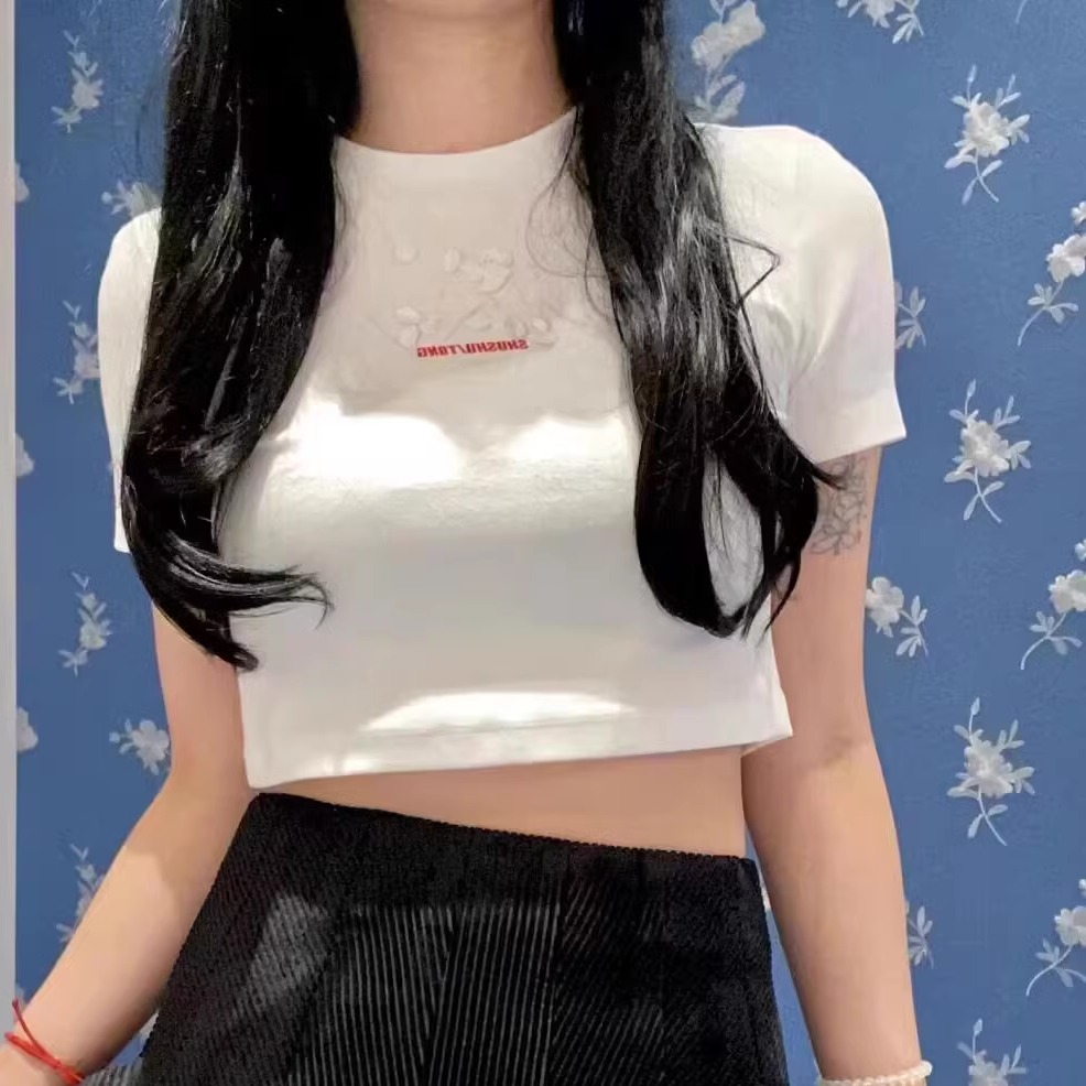 【正确版】shushu玫瑰刺绣字母短袖T恤tong宽松玫瑰短袖上衣合集