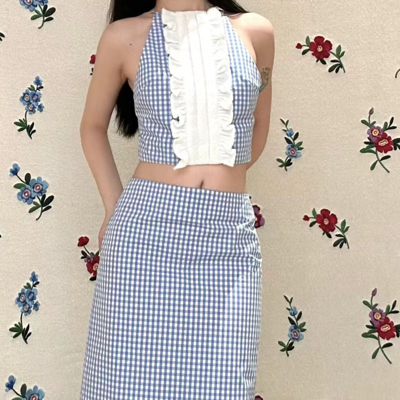 23ss花边装饰短款shushu露背修身吊带上衣女百搭旅游tong女