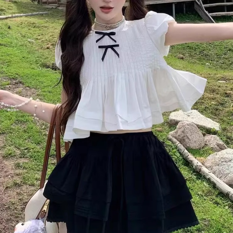 【高品质】shushu双蝴蝶结上衣短tong款压褶装饰甜酷背心sst