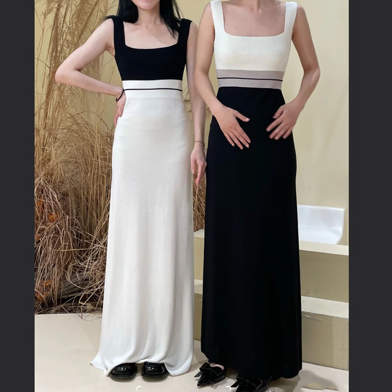 正确版Swaying两件套黑白拼色方领吊带连衣裙知性大气（内附衬裙