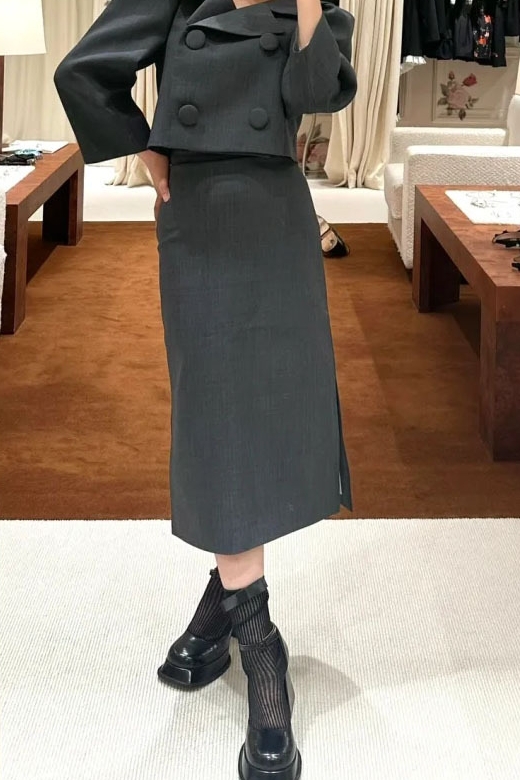 sst2023年秋冬优雅百搭高级感shushu双开叉高腰tong显瘦中长款