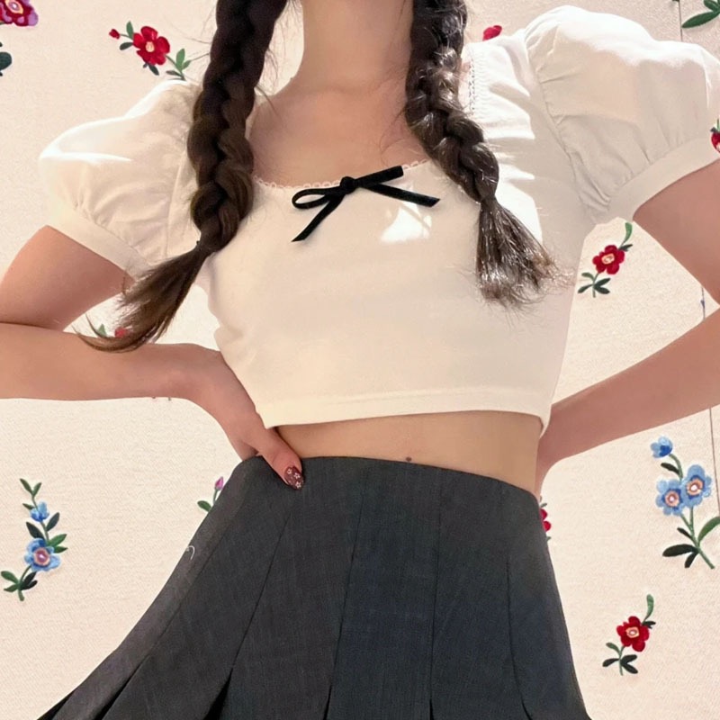 正确版sst蝴蝶结泡泡袖T恤