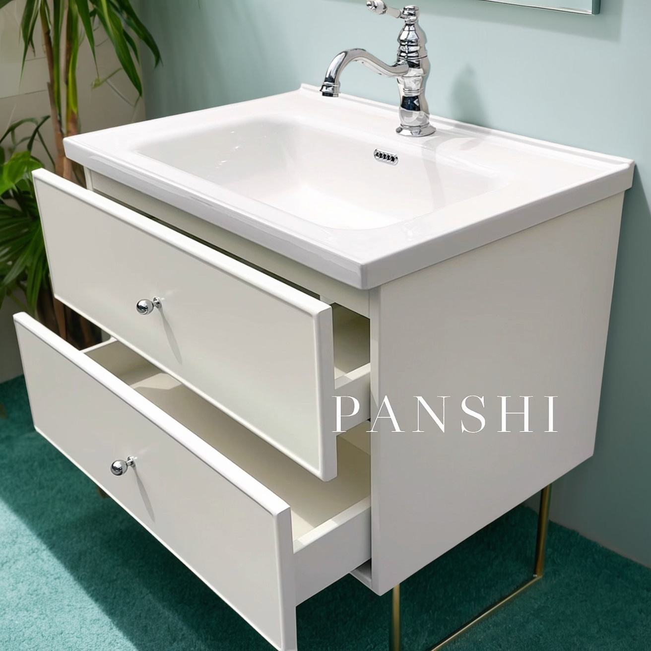 法式橡木烤漆复古浴室柜陶瓷一体盆奶油风卫生间洗脸盆洗漱台组合