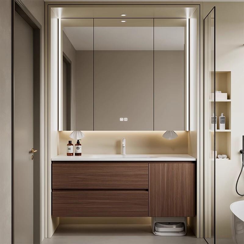 定制浴室柜组合通顶热盆卫生间洗手洗漱台岩板一体弯智能陶瓷镜柜
