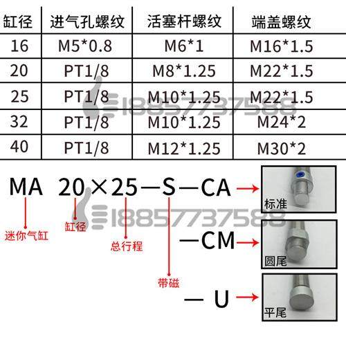亚德客型MA16x10x25x50x75x100x150x200-S-CA-U-CM不锈钢迷你气缸