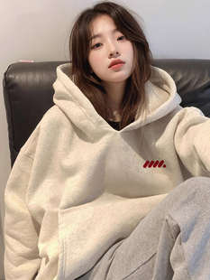 白灰色加绒卫衣连帽女2025新款爆款秋冬季加厚外套韩系氛围感上衣