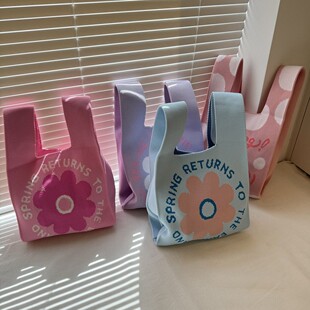 2025新款针织手提包女时尚百搭外出上班小拎包便当袋饭盒袋子遛弯