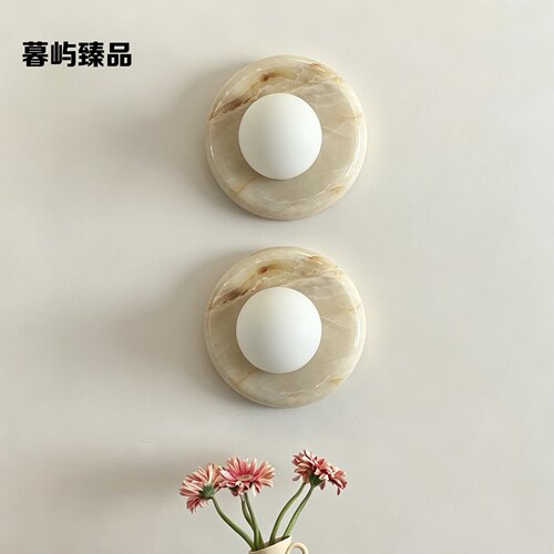 天然玉石中古风法式圆形壁灯卧室