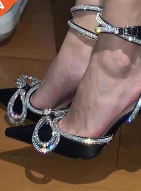 Rimocy Shining Crystal Bowknot Pointed Toe Pumps Women Sexy
