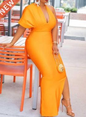 新款性感V领露背短袖开叉酒会宴会晚礼服长裙连衣裙女partydress