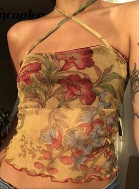 Rapcopter Floral y2k Crop Top Mesh See Through Sexy Corset T