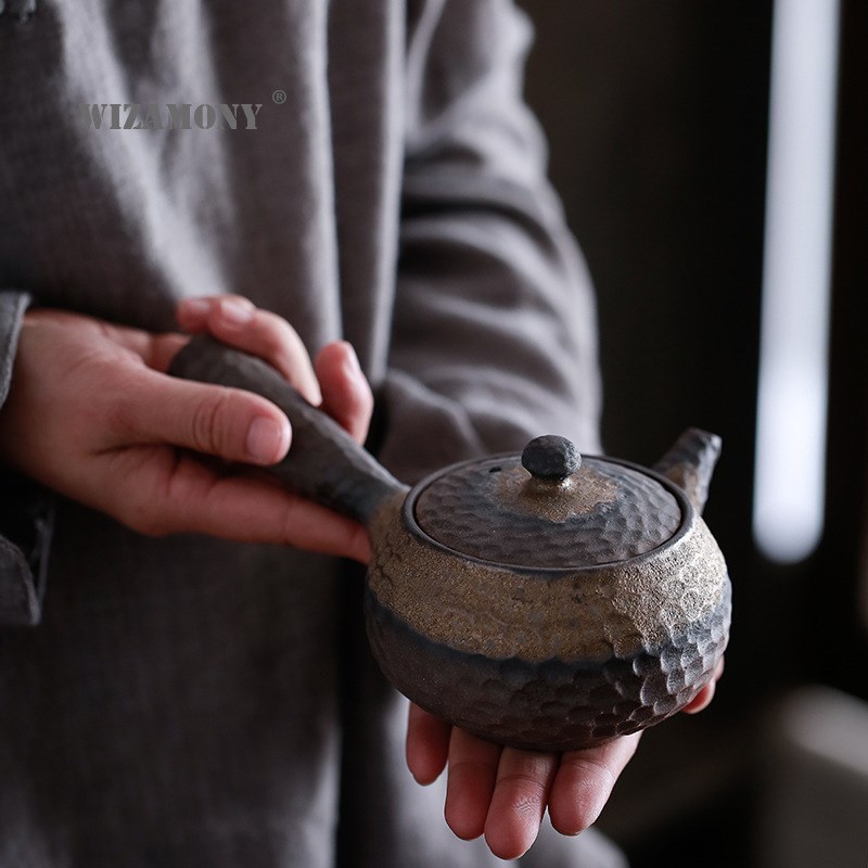 Rough pottery side handle teapot Japanese style hand-made re