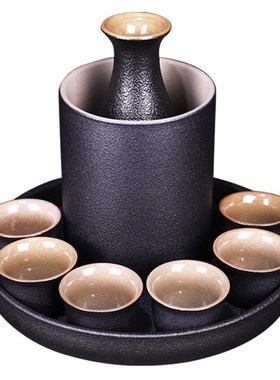 Japanese Style Ceramic Sake Pot Cup Set Black Pottery Liquor