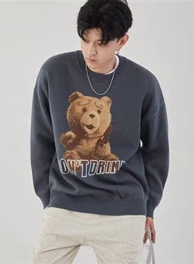 Men Bear Jacquard Sweater Couple Korean Version Oversized Ha