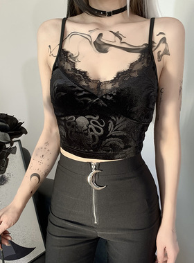 Black top Vintage Gothic Velvet Black Women Camis Grunge Pun